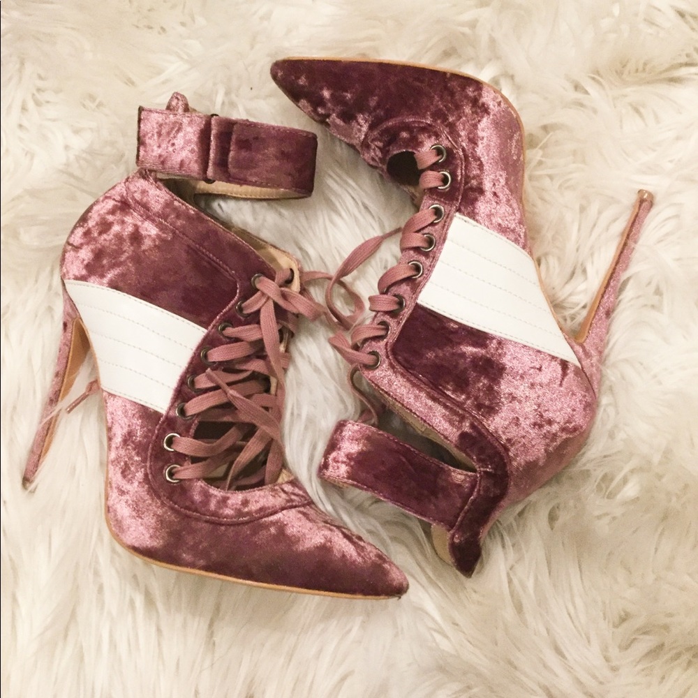 Public Desire Pink Velvet Lace Up Stilettos